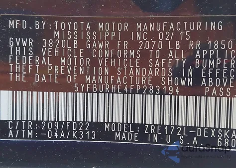 2015 Toyota Corolla S Plus from USA, damaged, VIN 5YFBURHE4FP283194